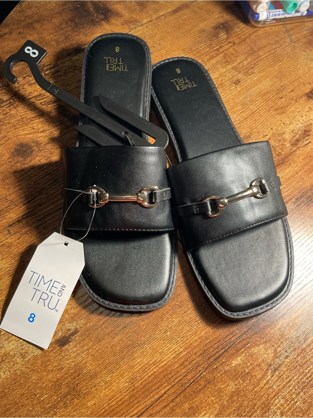 NWT Time and Tru Black Slide Sandals with Gold Bit Accent
